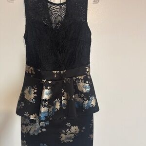La Maison Simons midi black laced dress with navy metallic floral pattern dress